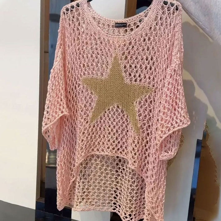 Women's Open-Knit Oversized Scoop-Neck Crochet Top - Pink