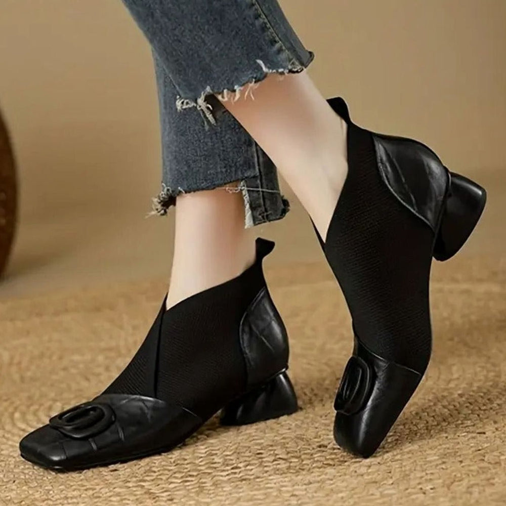 Women's Orthopedic Block-Heel Leather Chelsea Ankle Boots - Black