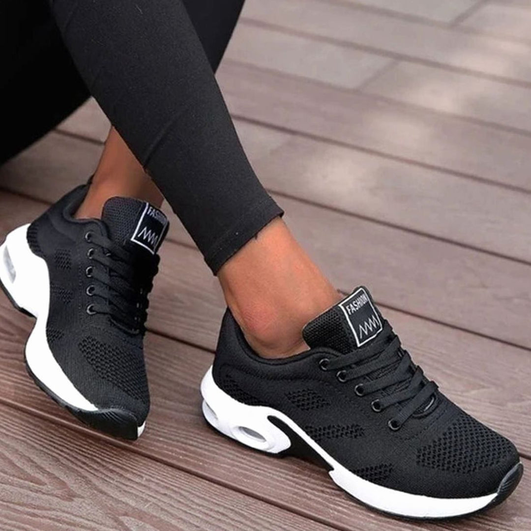 Women's Orthopedic Breathable Mesh Lace-Up Platform Trainers - Black