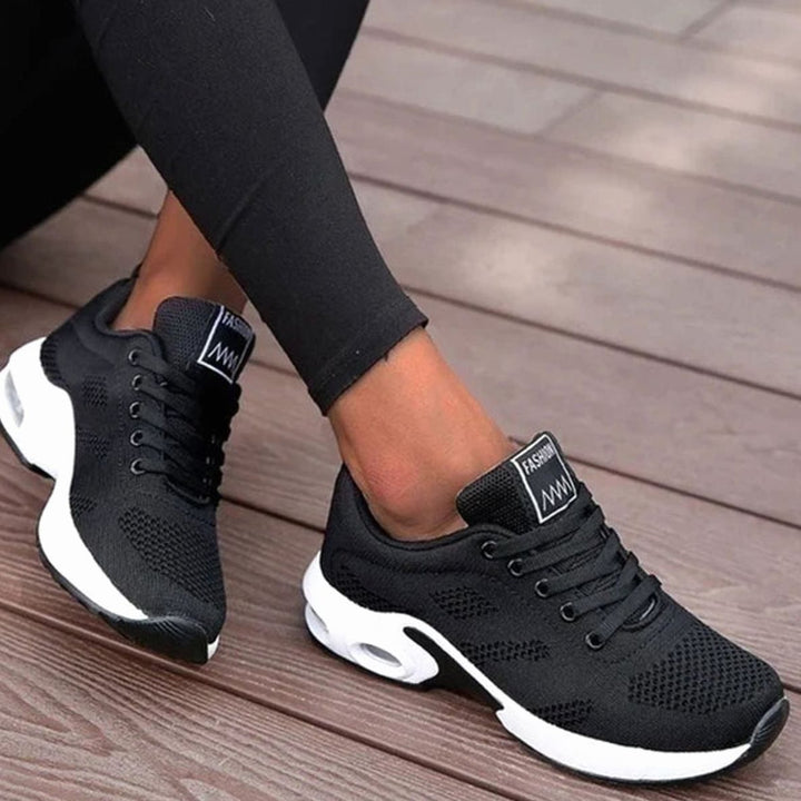 Women's Orthopedic Breathable Mesh Lace-Up Platform Trainers - Black