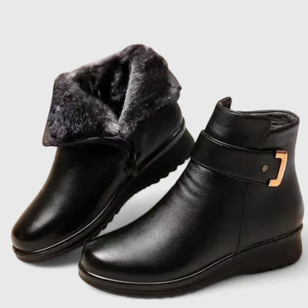 Women's Orthopedic Faux-Leather Fleece-Lined Wedge Ankle Boots - Black