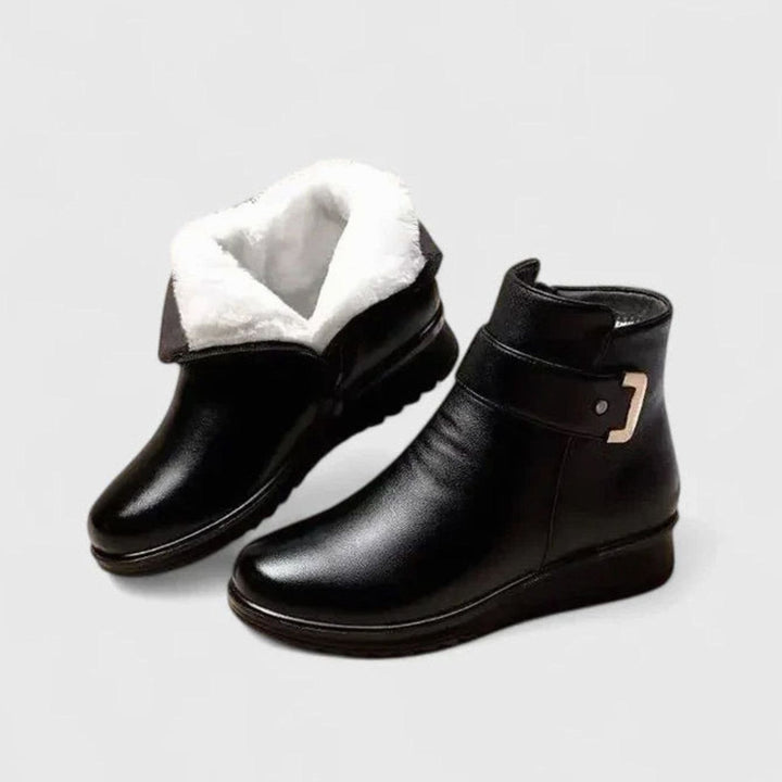 Women's Orthopedic Faux-Leather Fleece-Lined Wedge Ankle Boots - Black with White Lining