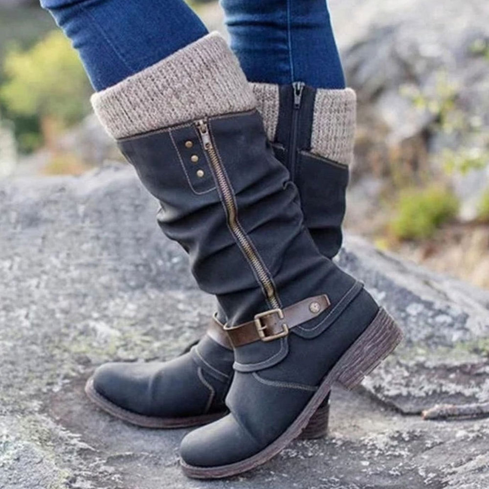 Women's Orthopedic Knee-High Block-Heel Zip-Up Boots - Black