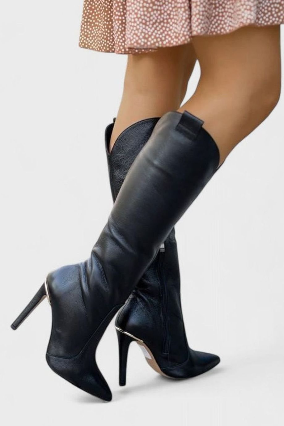 Women's Orthopedic Knee-High Stiletto Leather Boots - Black Leather
