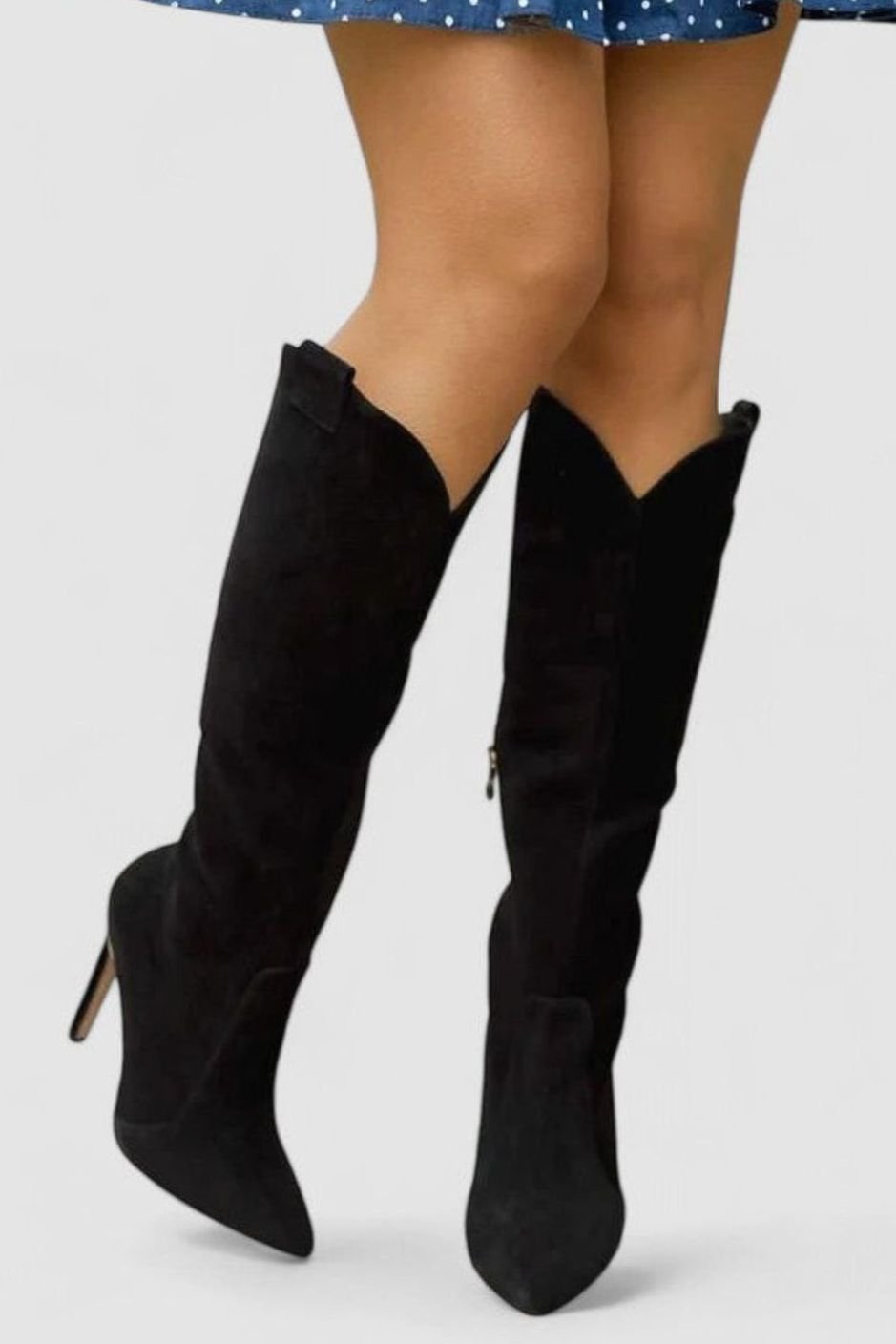 Women's Orthopedic Knee-High Stiletto Leather Boots - Black Suede