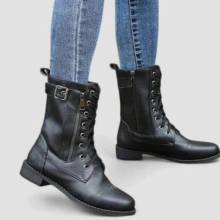 Women's Orthopedic Lace-Up Side-Zip Mid-Calf Combat Boots - Black