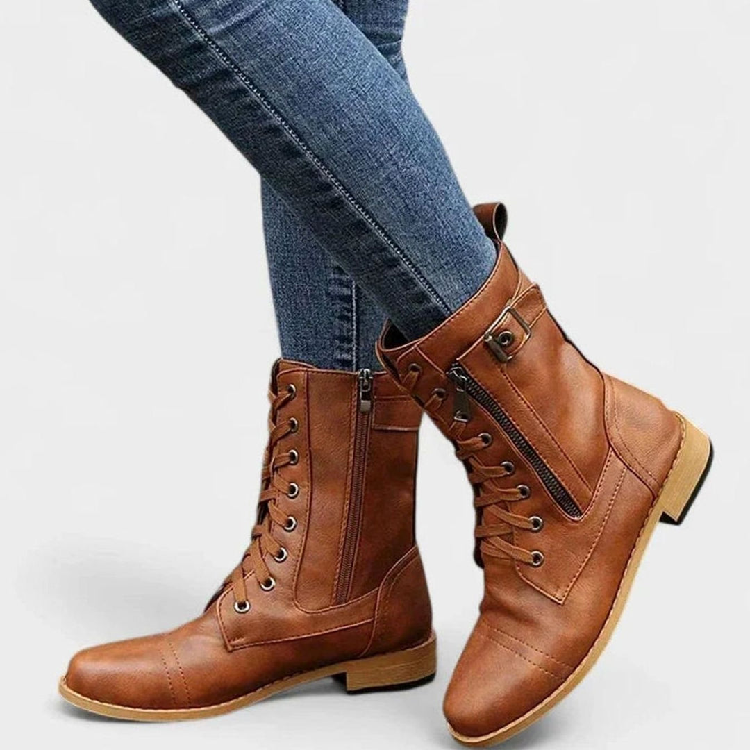 Women's Orthopedic Lace-Up Side-Zip Mid-Calf Combat Boots - Light Brown