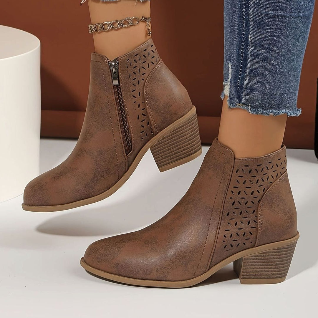 Women's Orthopedic Laser-Cut Block-Heel Ankle Boots - Brown