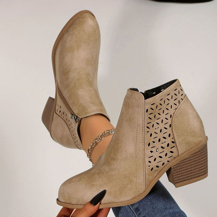 Women's Orthopedic Laser-Cut Block-Heel Ankle Boots - Beige