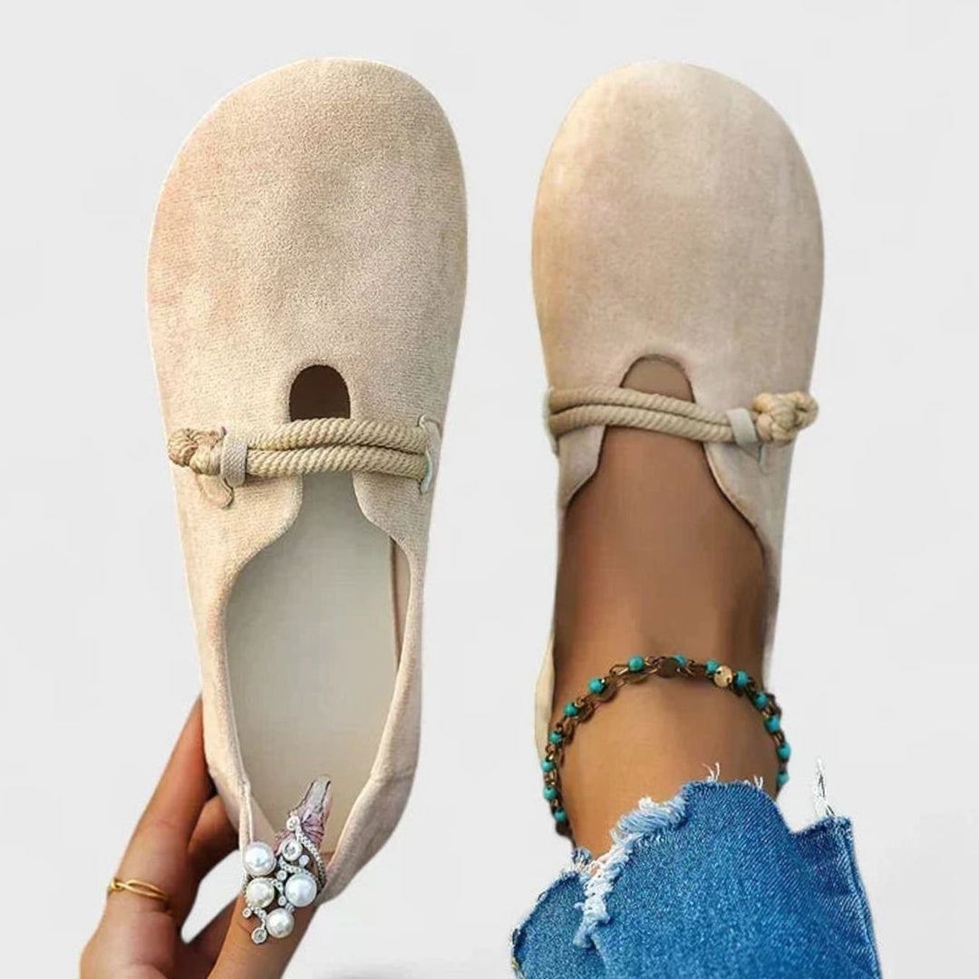 Women's Orthopedic Rope-Strap Suede Flat Loafers - Beige