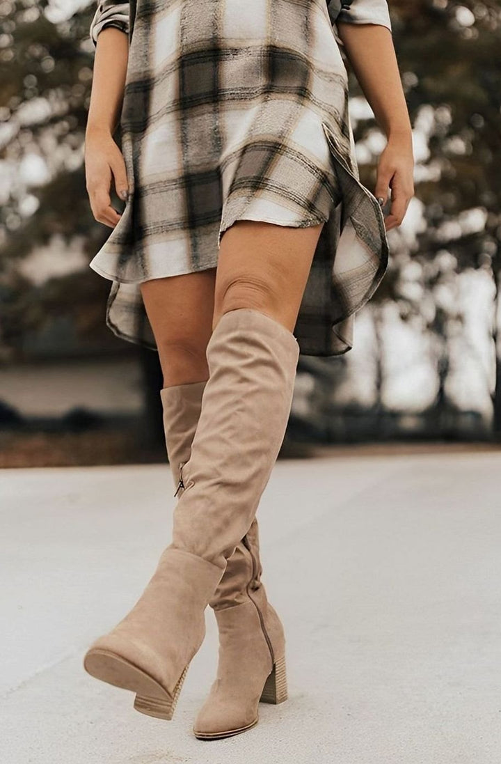 Women's Over-the-Knee Block-Heel Suede-Look Boots - Black
