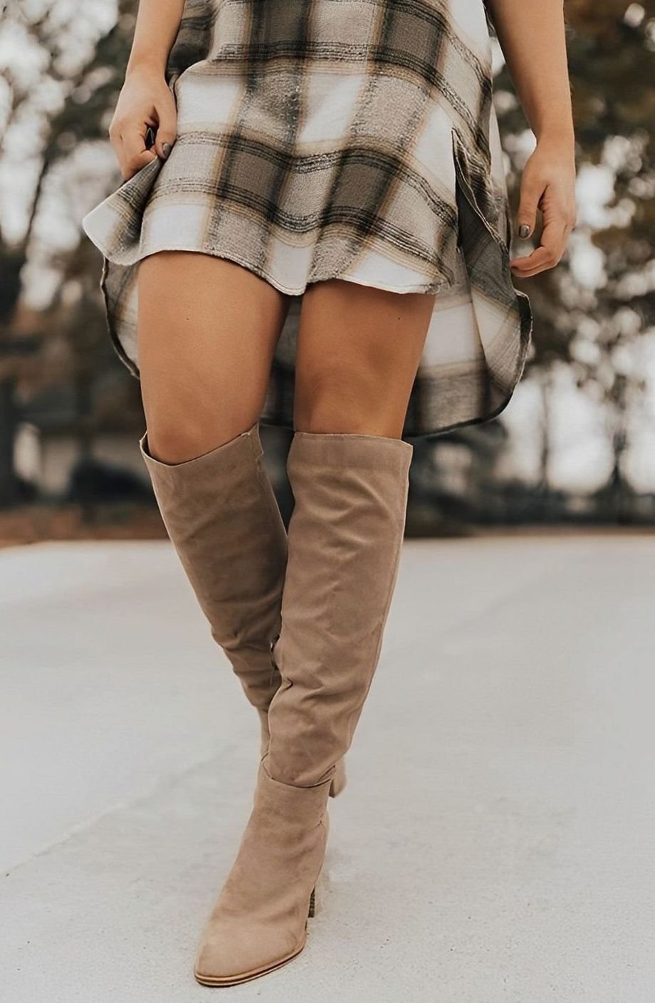Women's Over-the-Knee Block-Heel Suede-Look Boots - Beige