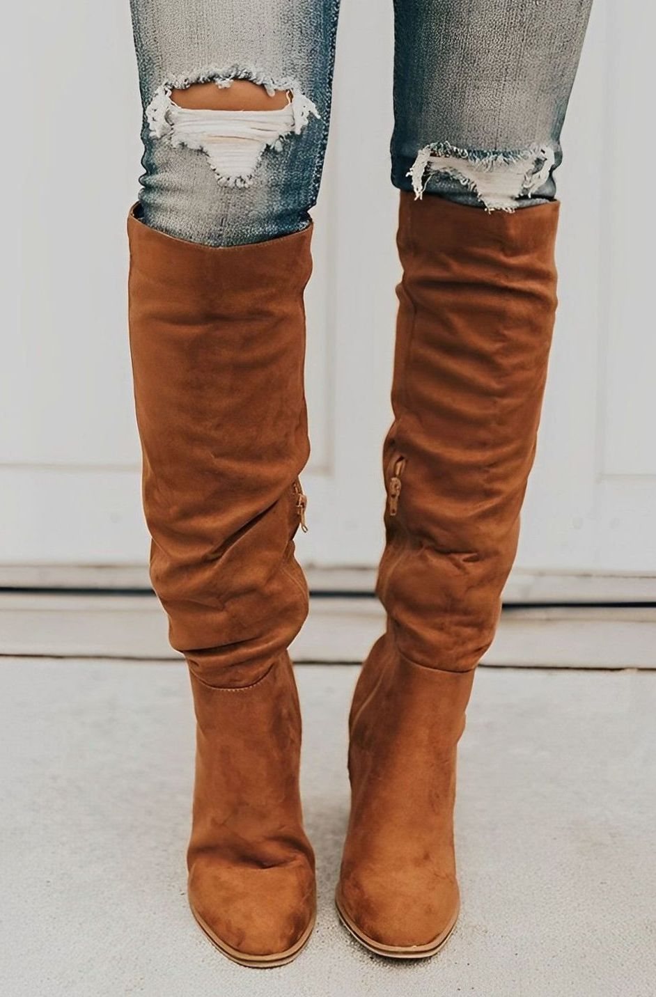 Women's Over-the-Knee Block-Heel Suede-Look Boots - Brown