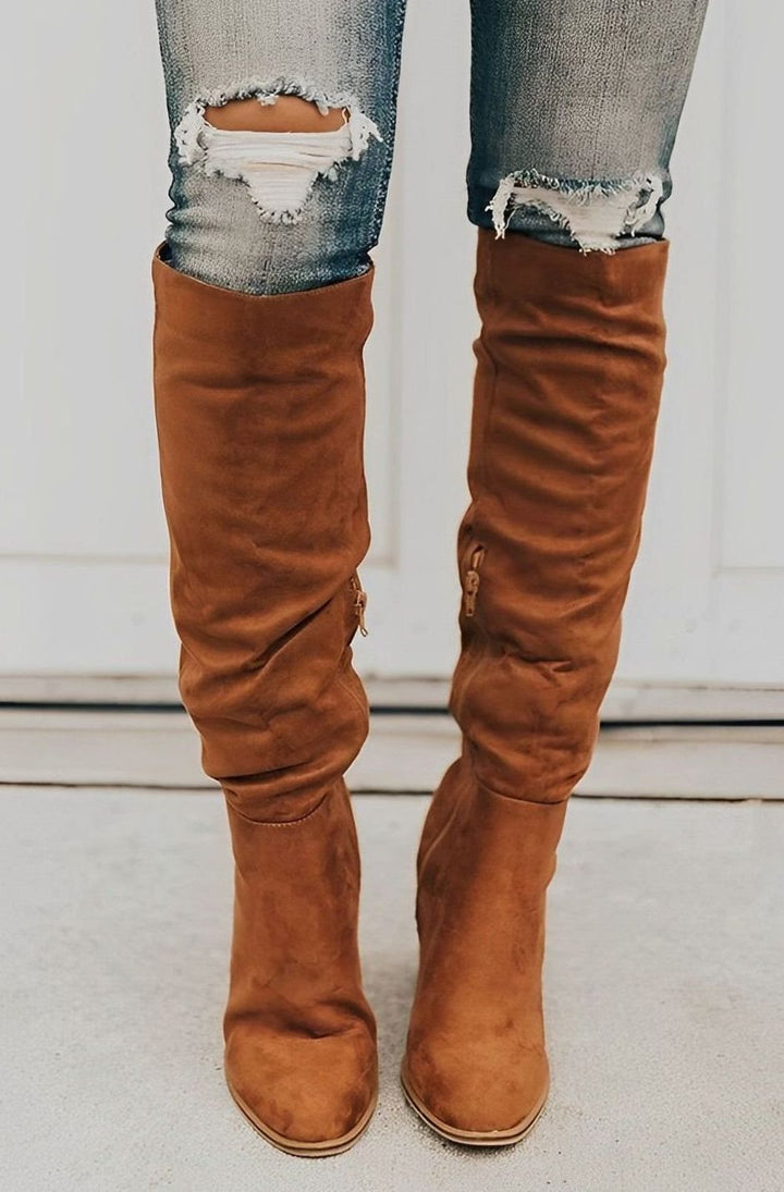 Women's Over-the-Knee Block-Heel Suede-Look Boots - Brown