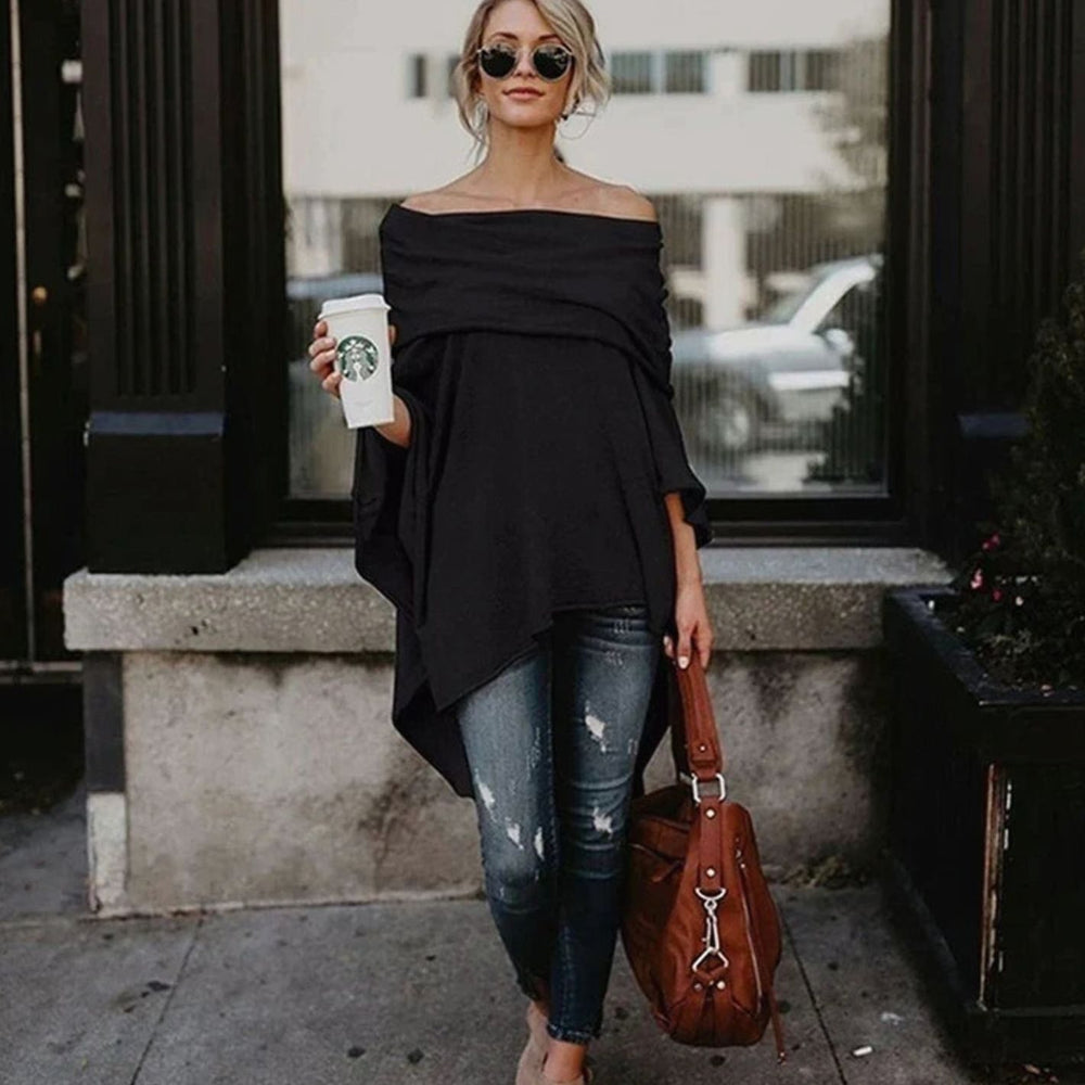 Women's Oversized Batwing Asymmetric Hem Poncho Top - Black