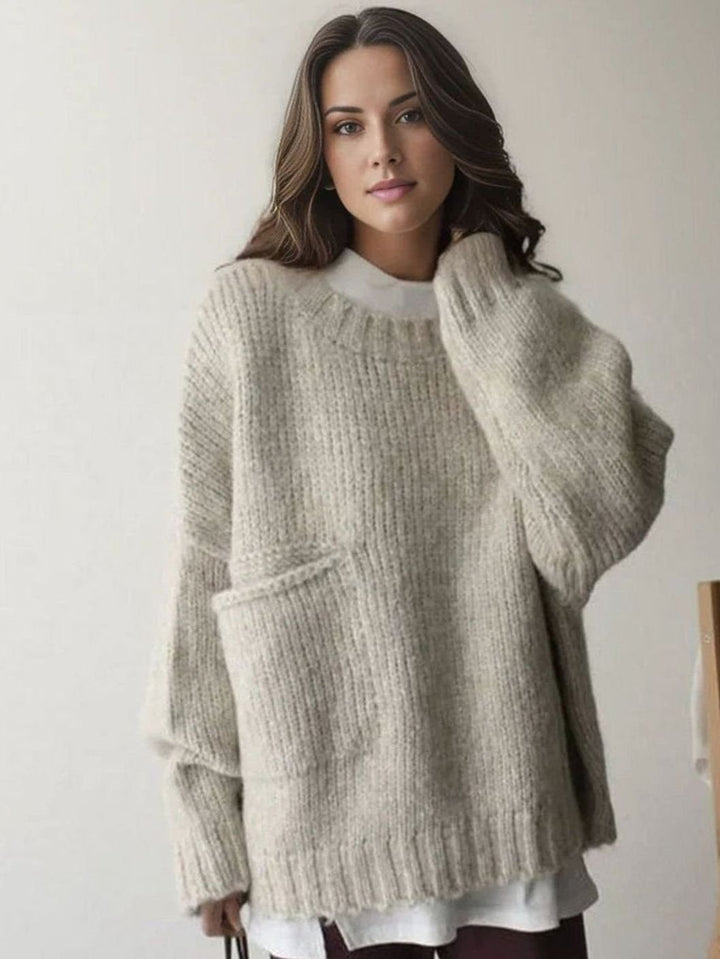 Women's Oversized Chunky Ribbed Knit Crew-Neck Jumper with Pocket