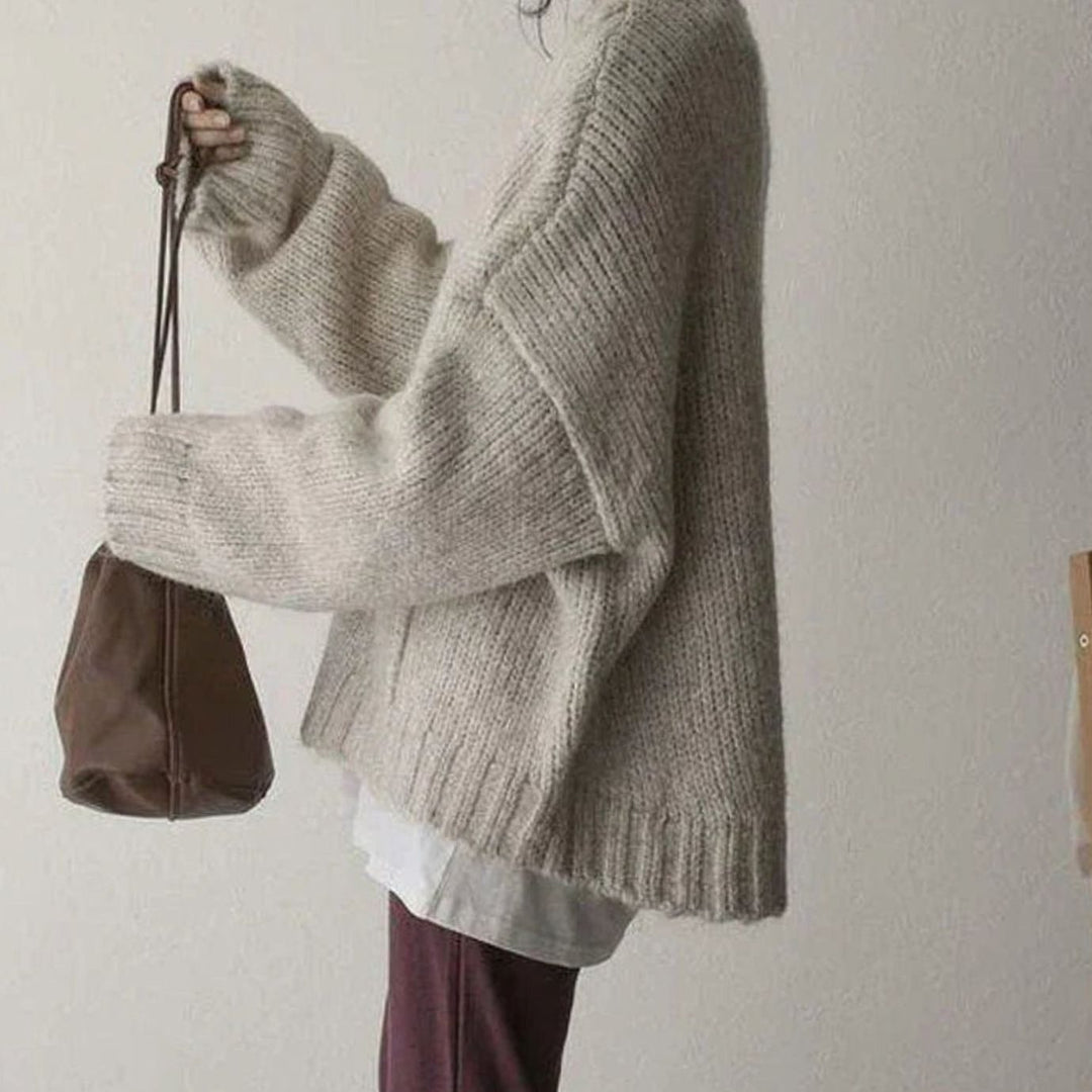 Women's Oversized Chunky Ribbed Knit Crew-Neck Jumper with Pocket