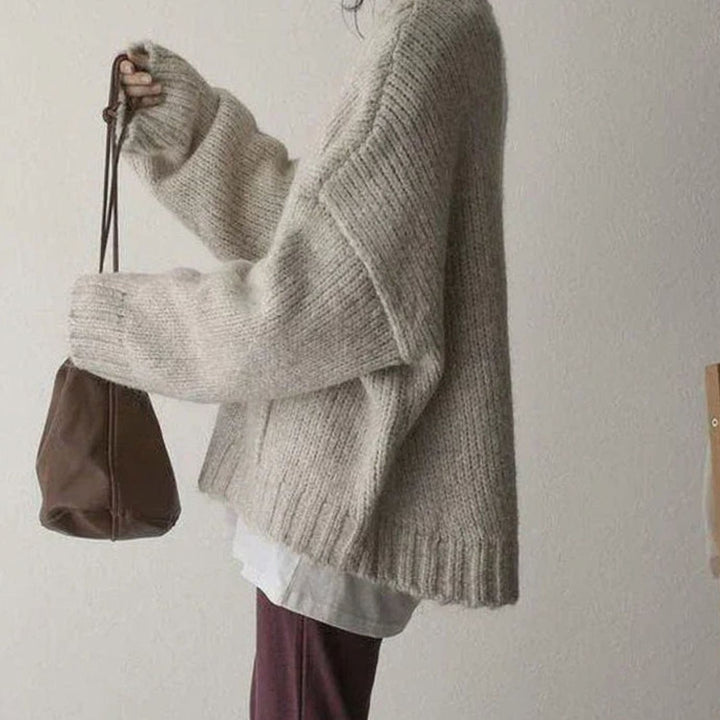 Women's Oversized Chunky Ribbed Knit Crew-Neck Jumper with Pocket