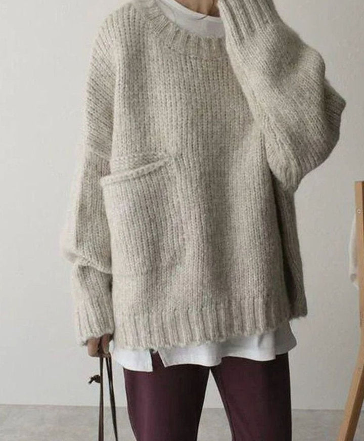 Women's Oversized Chunky Ribbed Knit Crew-Neck Jumper with Pocket