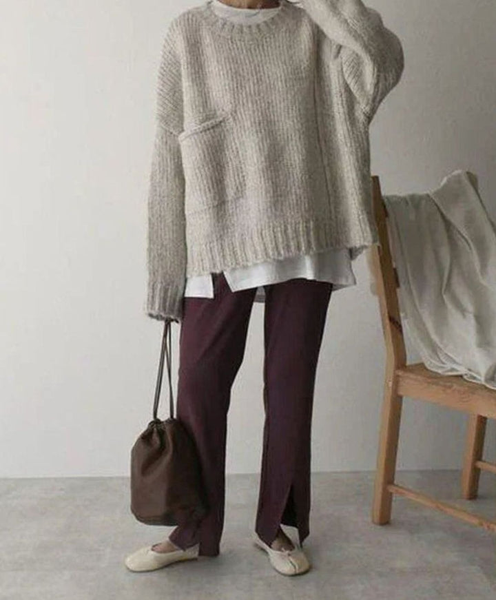 Women's Oversized Chunky Ribbed Knit Crew-Neck Jumper with Pocket