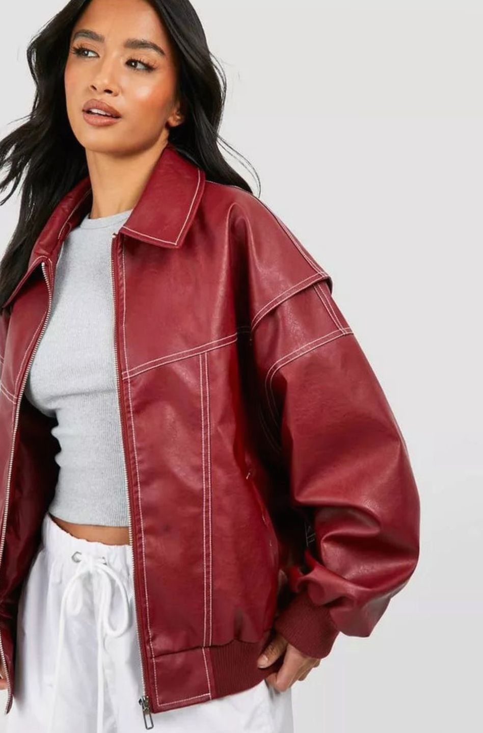 Women's Oversized Contrast-Stitch Bomber Jacket - Burgundy Red