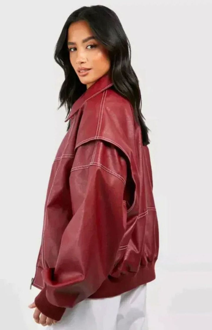 Women's Oversized Contrast-Stitch Bomber Jacket