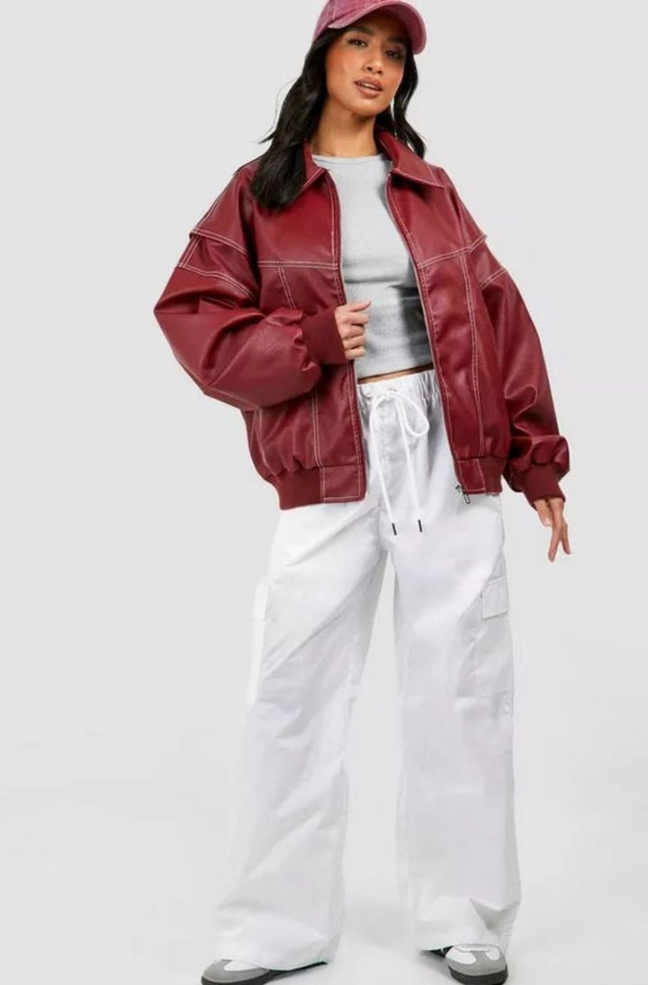 Women's Oversized Contrast-Stitch Bomber Jacket