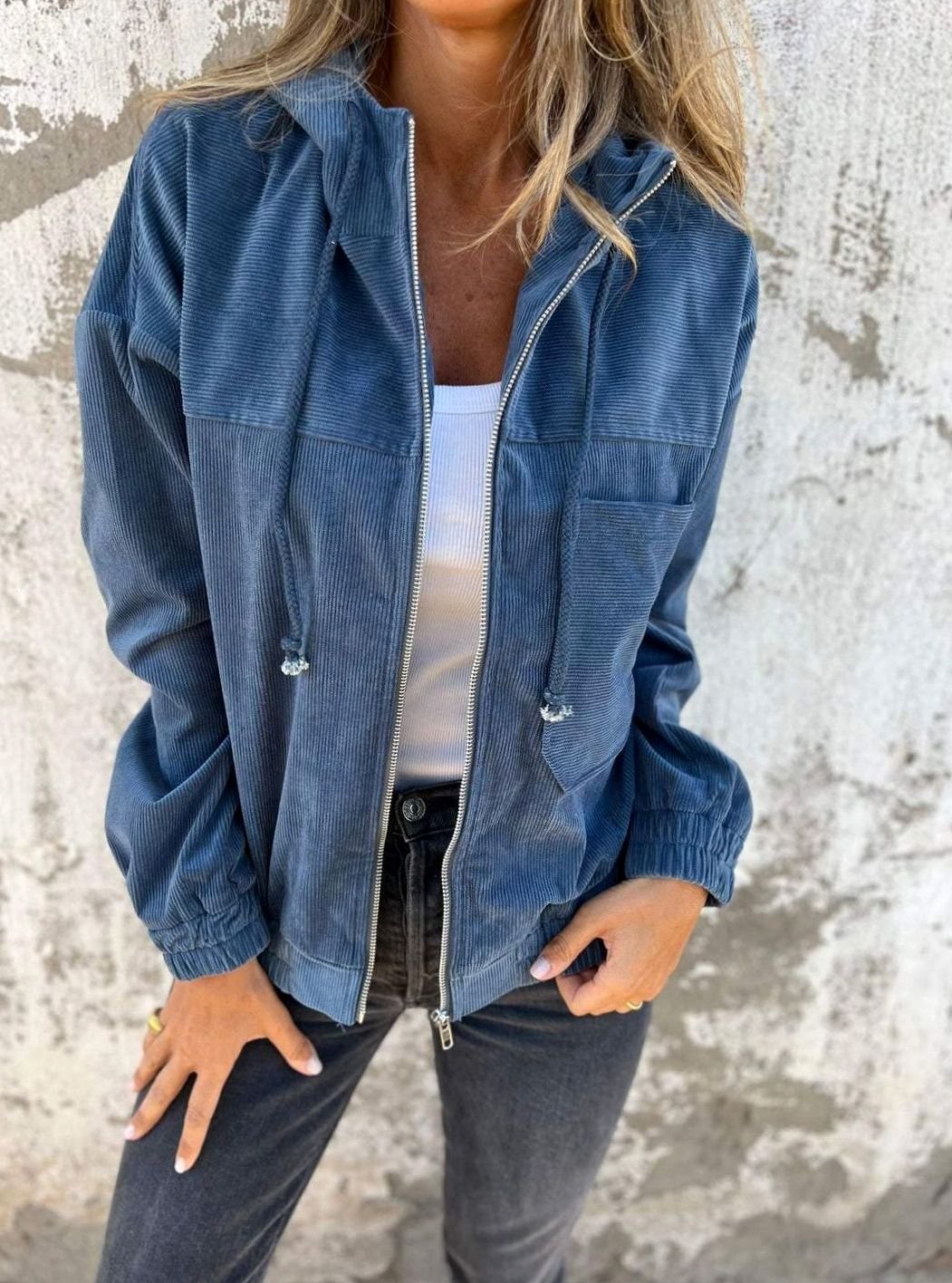 Women's Oversized Corduroy Hooded Zip-Up Jacket - Blue