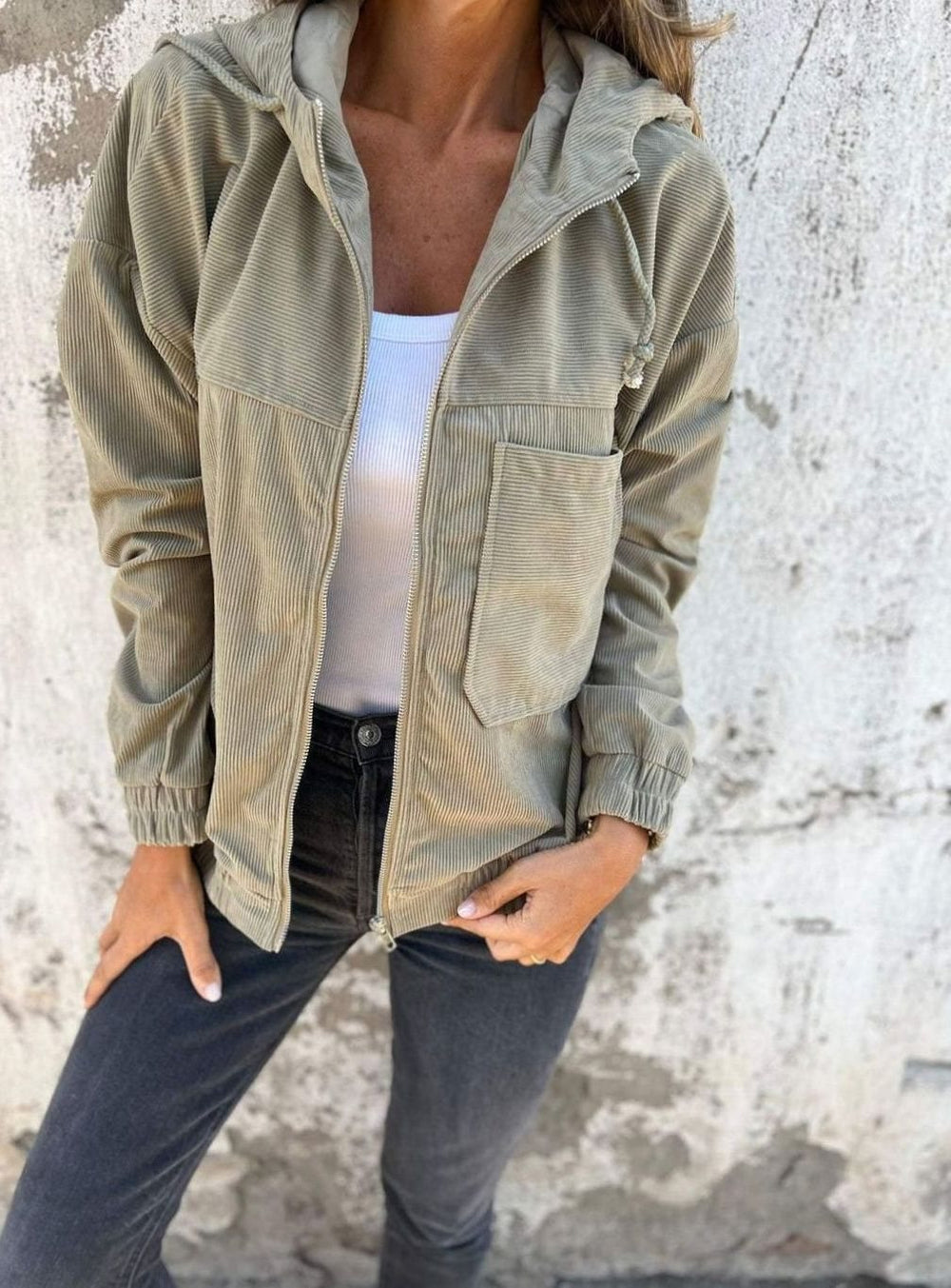 Women's Oversized Corduroy Hooded Zip-Up Jacket - Green