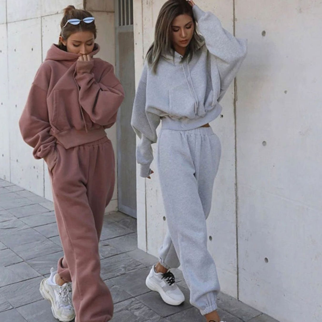 Women's Oversized Cropped Hoodie Jogger Tracksuit Set