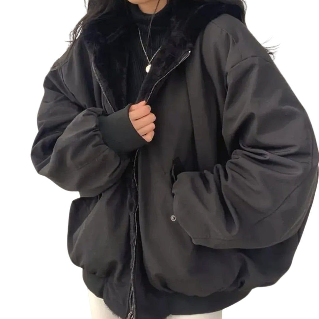 Women's Oversized Faux-Fur Collar Padded Bomber Winter Jacket - Black