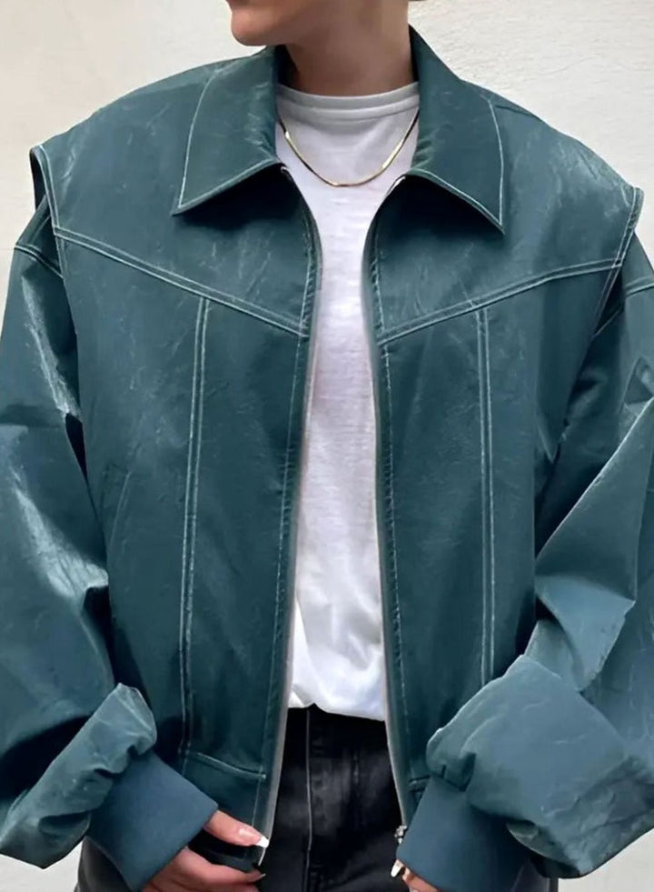 Women's Oversized Faux Leather Biker Jacket - Green