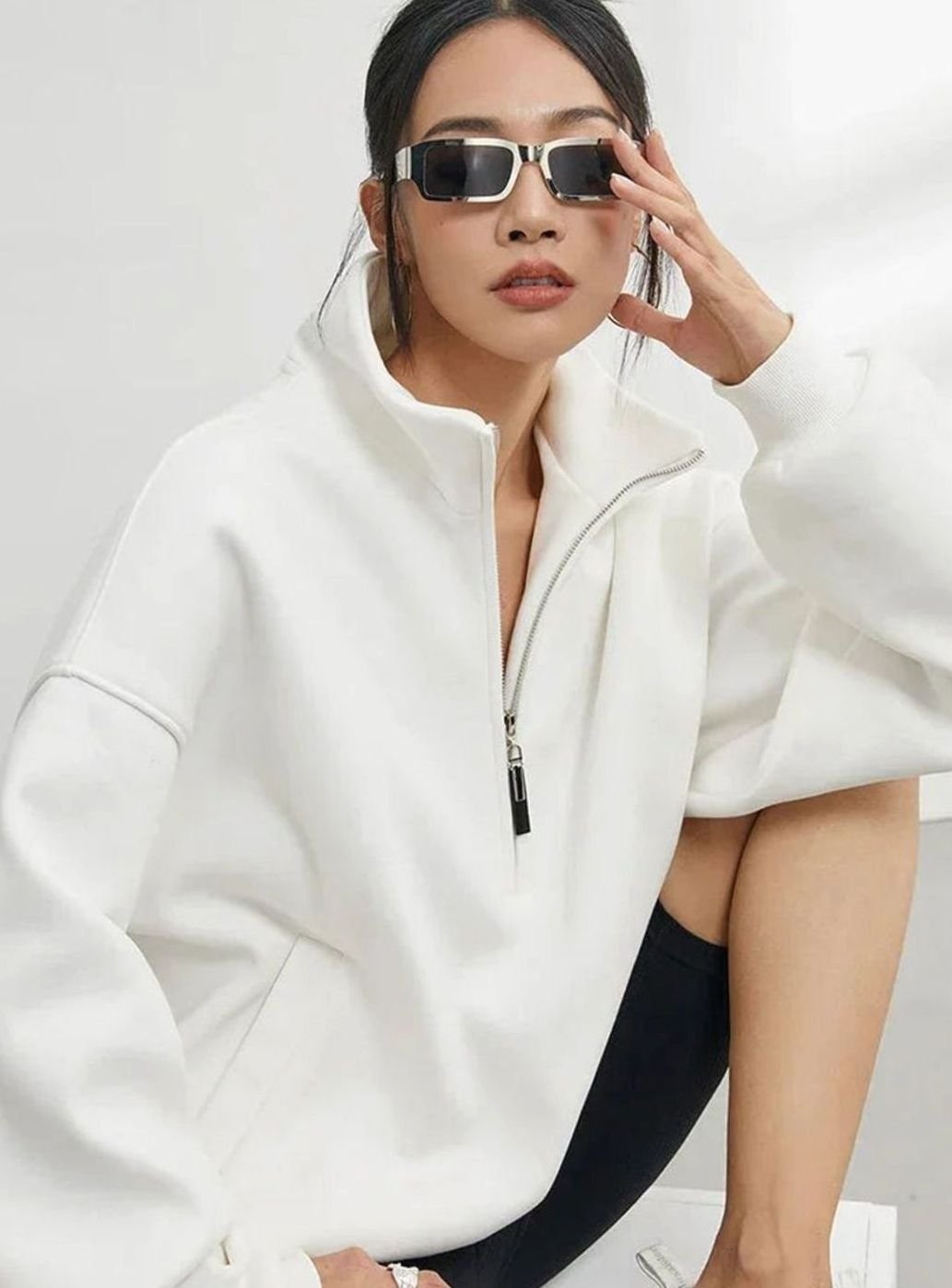 Women's Oversized Half-Zip Cotton Pullover Jumper