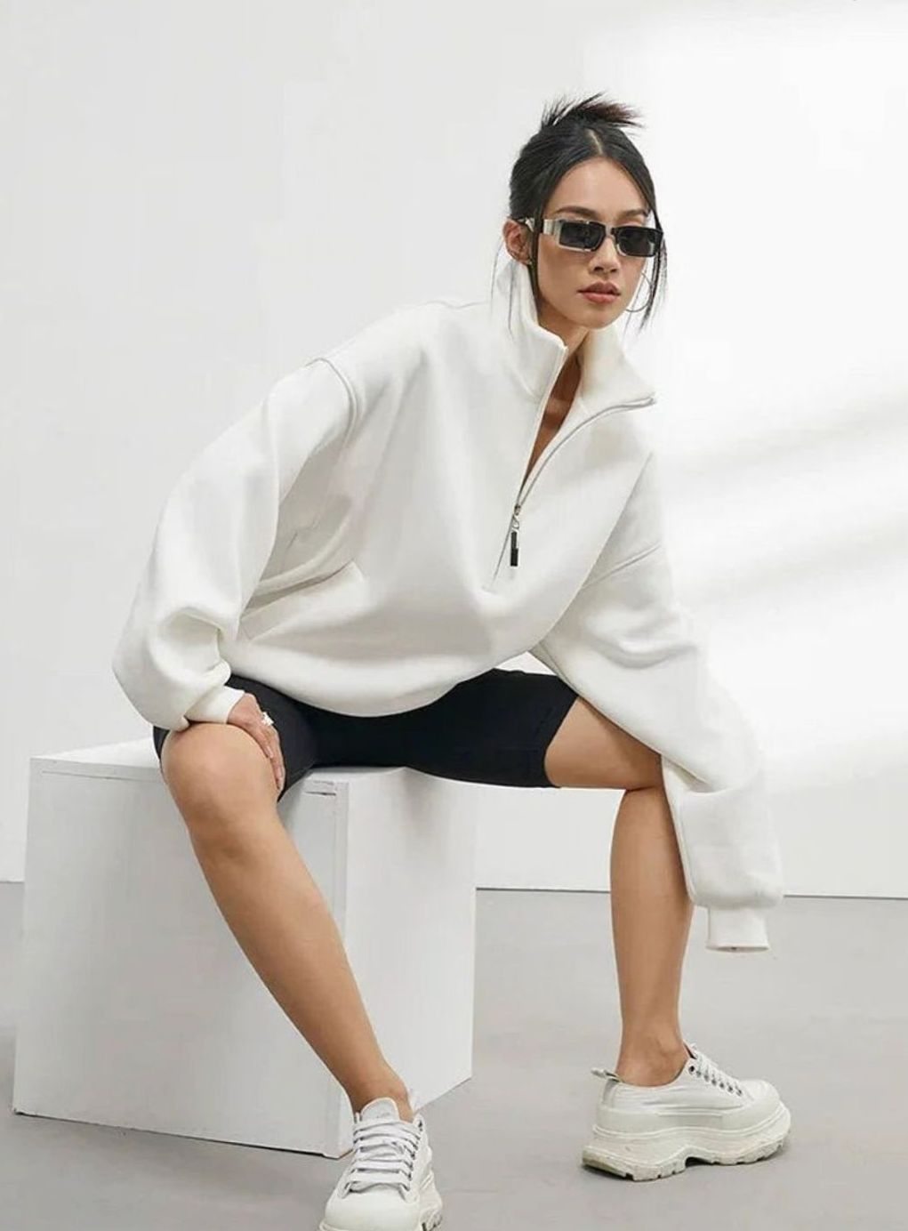 Women's Oversized Half-Zip Cotton Pullover Jumper
