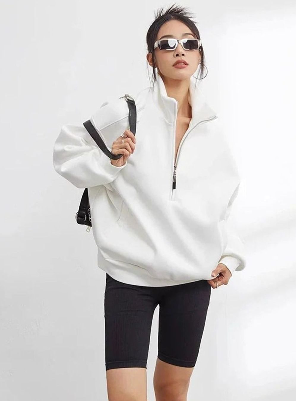 Women's Oversized Half-Zip Cotton Pullover Jumper
