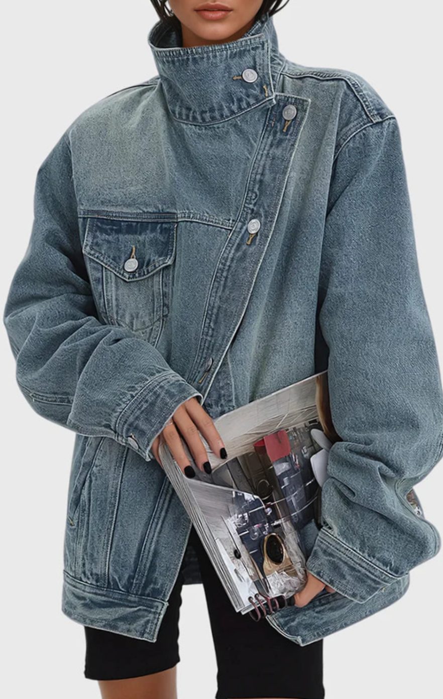 Women's Oversized High-Neck Asymmetric Button Denim Jacket