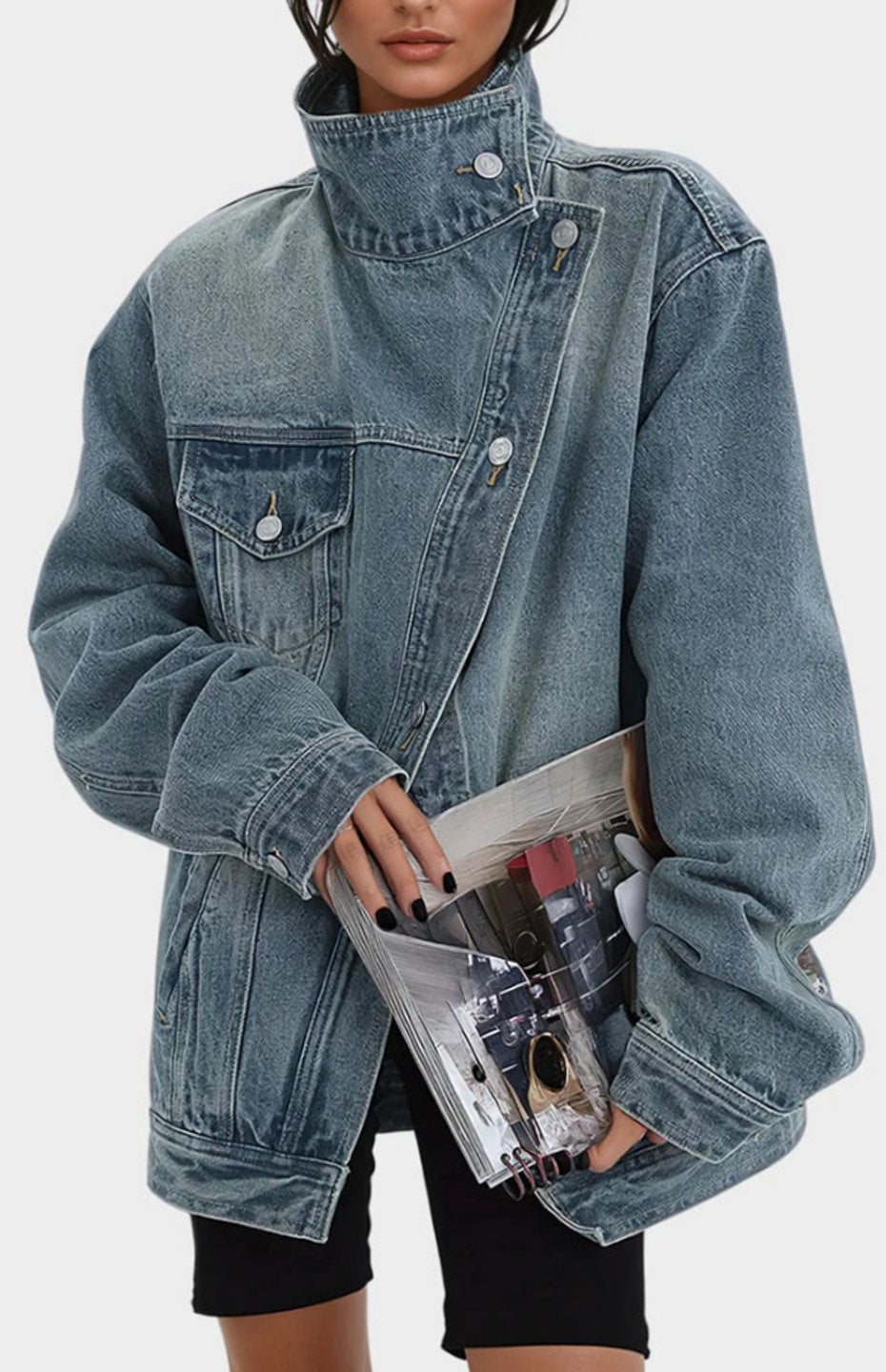Women's Oversized High-Neck Asymmetric Button Denim Jacket