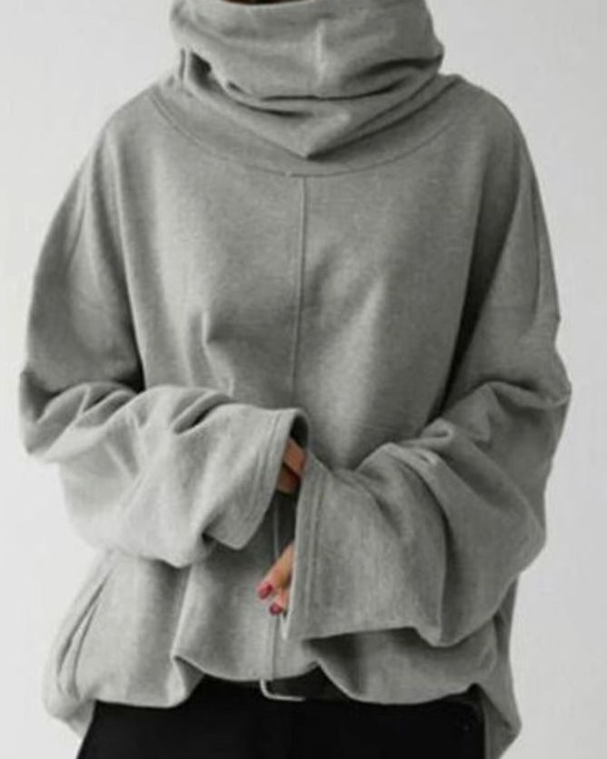 Women's Oversized High-Neck Fleece Pullover Sweatshirt - Grey