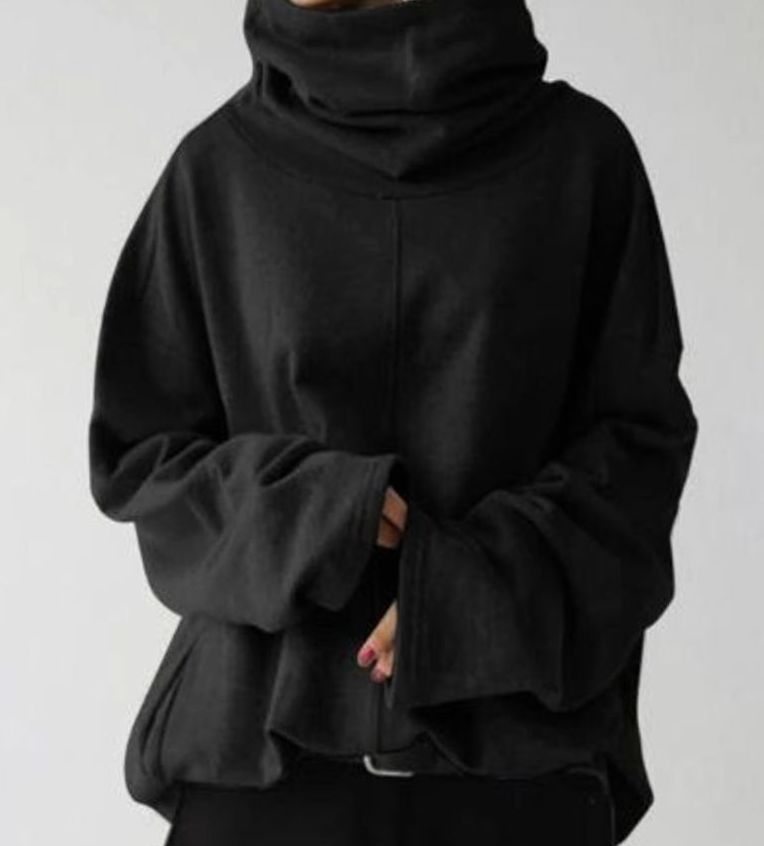 Women's Oversized High-Neck Fleece Pullover Sweatshirt - Black