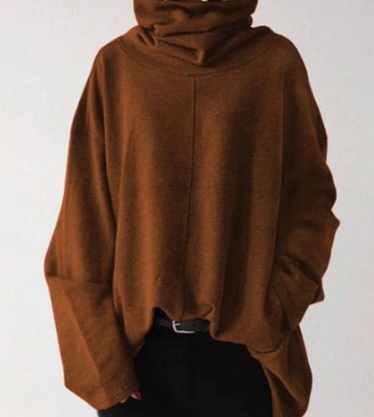 Women's Oversized High-Neck Fleece Pullover Sweatshirt - Coffee