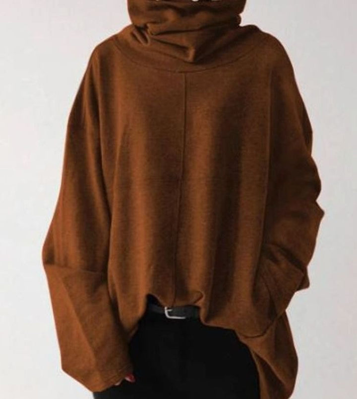 Women's Oversized High-Neck Fleece Pullover Sweatshirt - Coffee