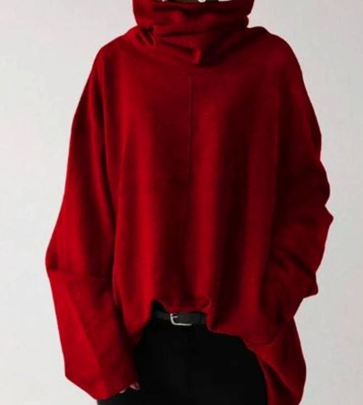 Women's Oversized High-Neck Fleece Pullover Sweatshirt - Red
