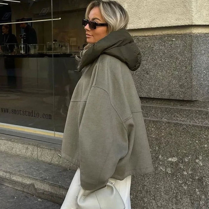 Women's Oversized Hooded Puffer-Collar Fleece Jacket