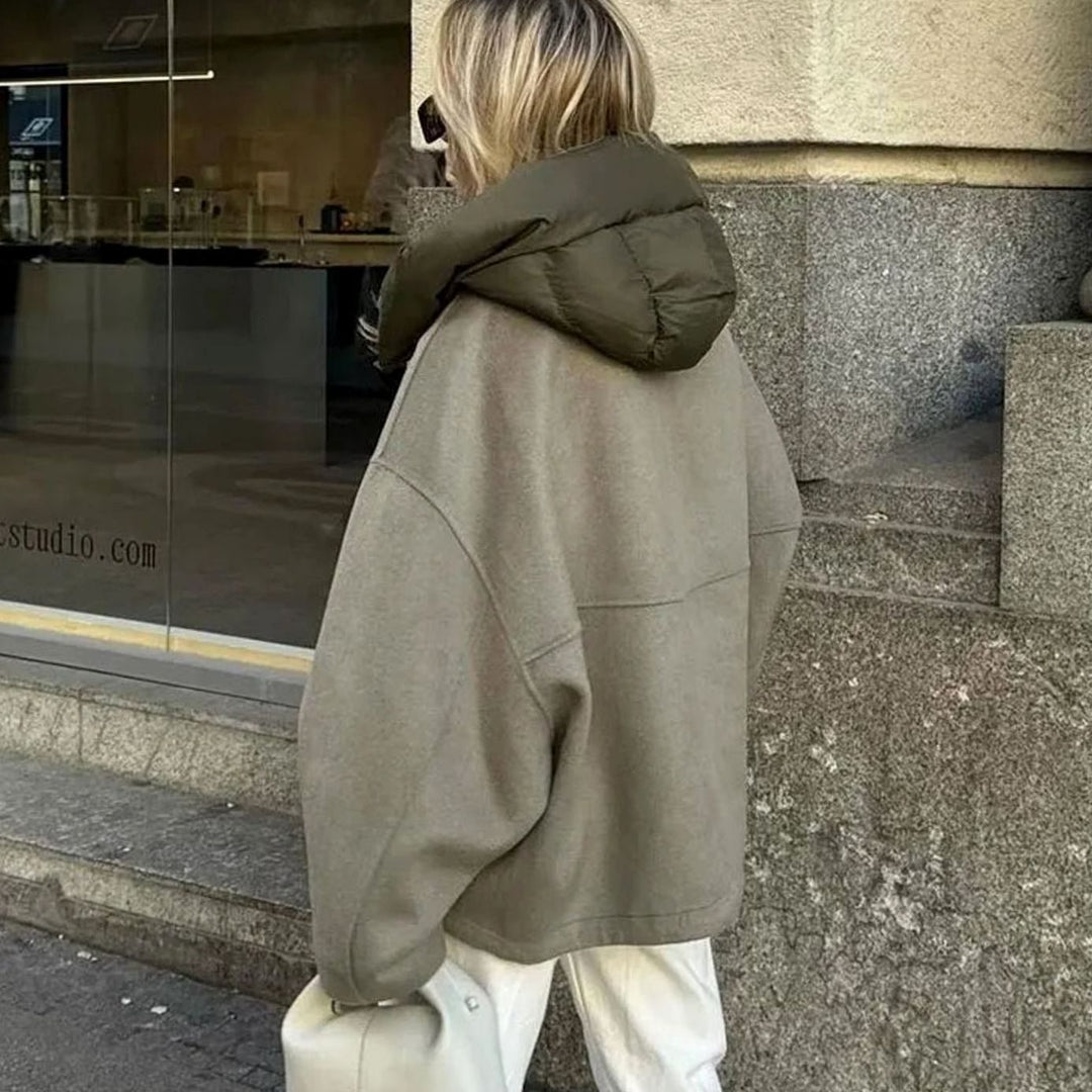 Women's Oversized Hooded Puffer-Collar Fleece Jacket