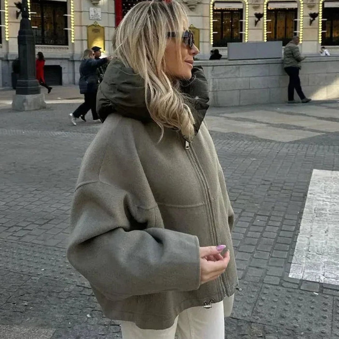 Women's Oversized Hooded Puffer-Collar Fleece Jacket