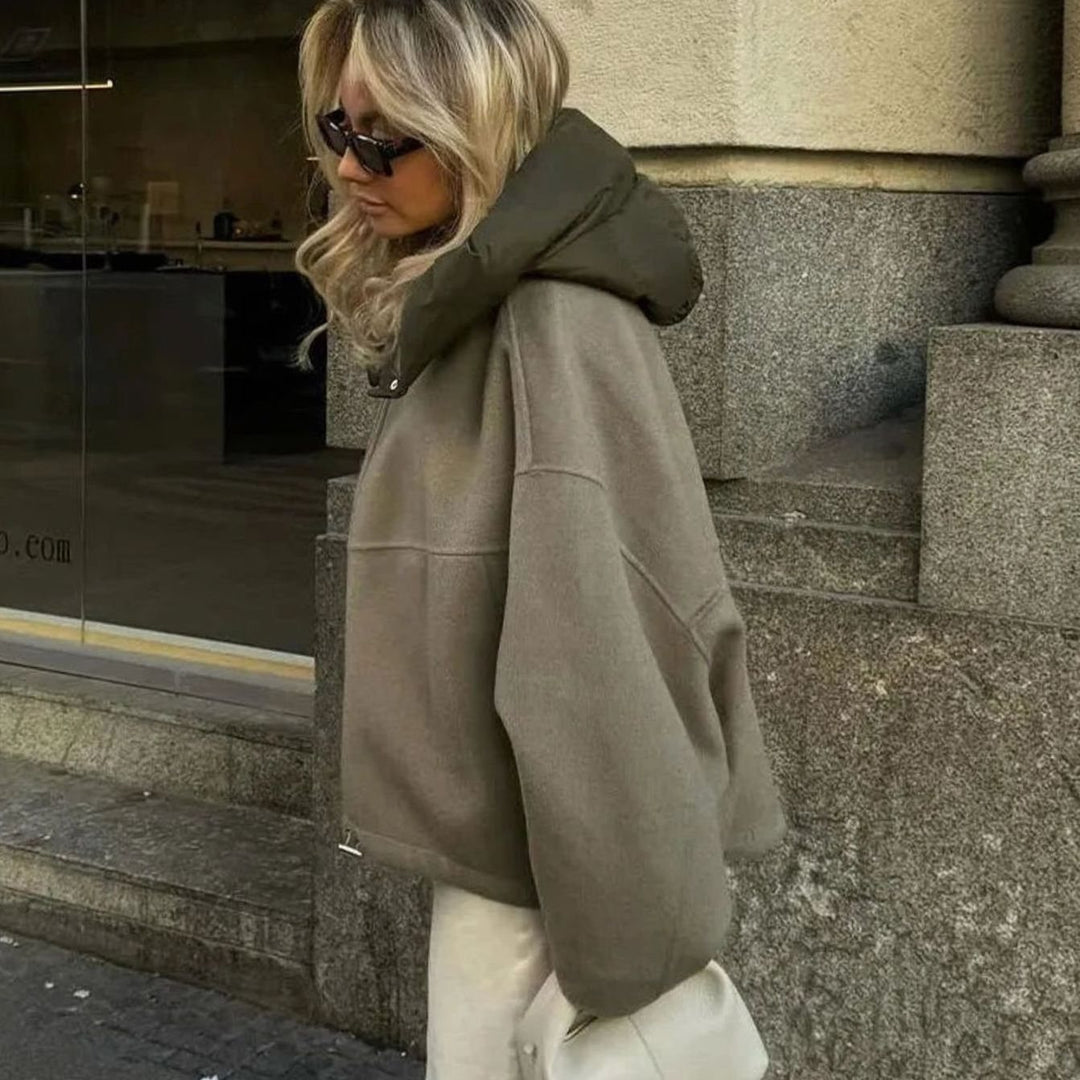 Women's Oversized Hooded Puffer-Collar Fleece Jacket