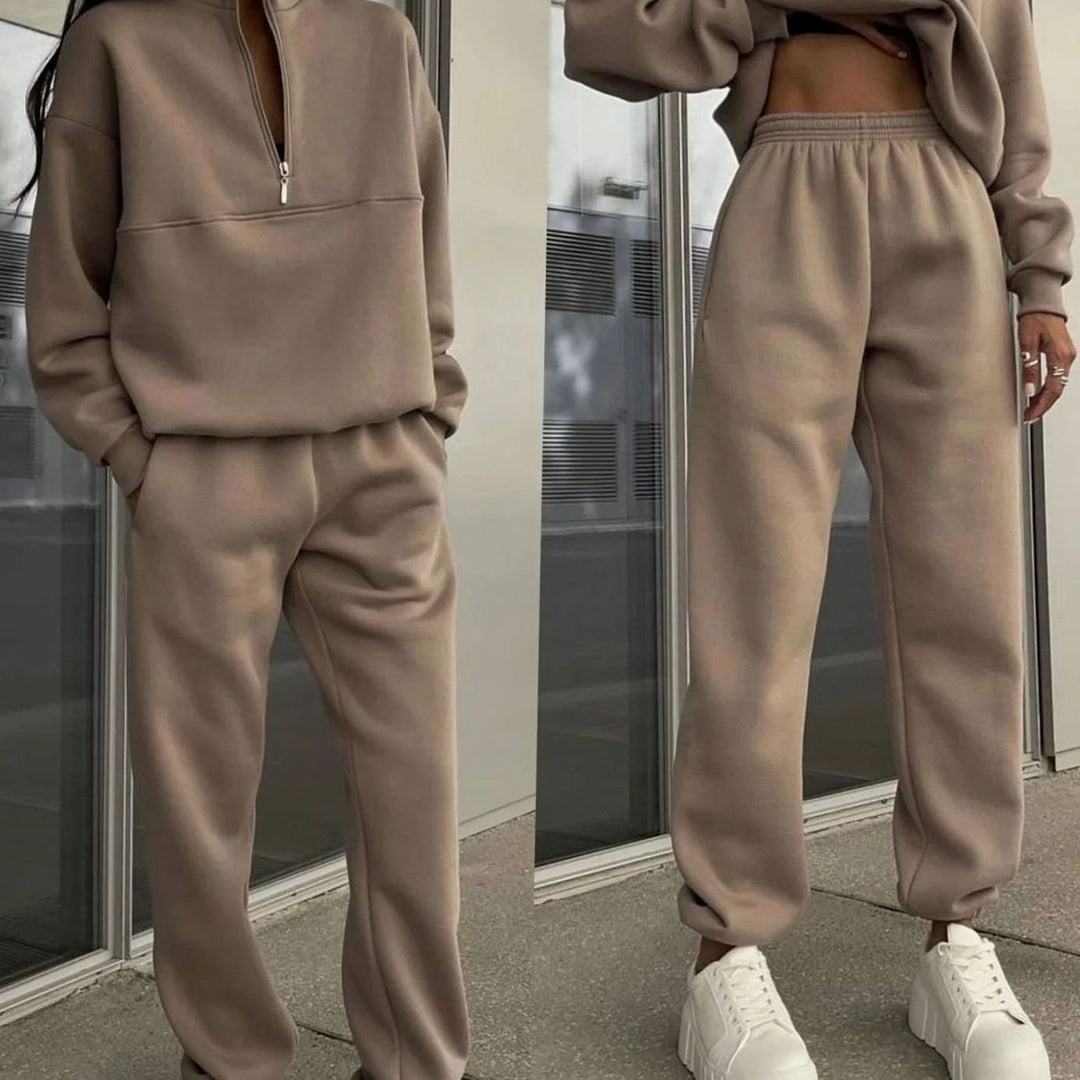 Women's Oversized Quarter-Zip Fleece Sweatshirt Jogger Co-ord Set - Camel