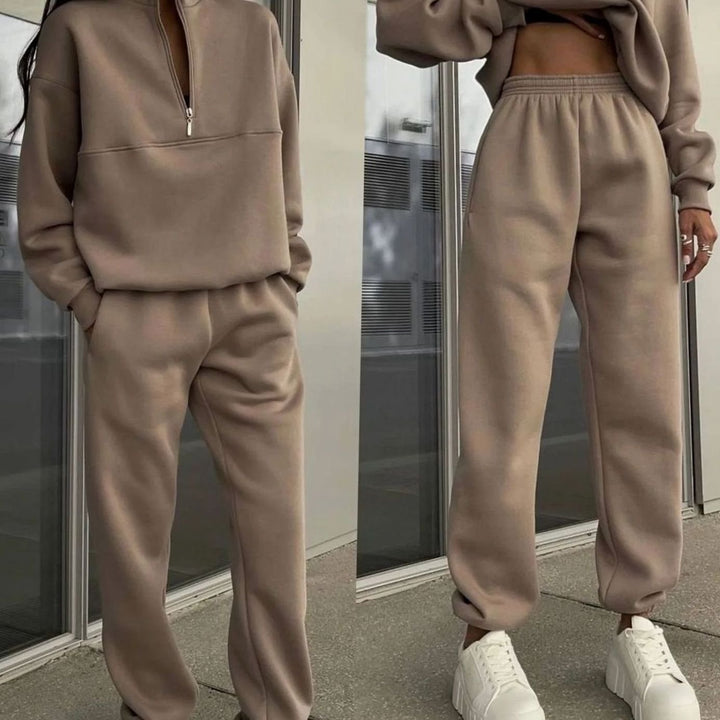 Women's Oversized Quarter-Zip Fleece Sweatshirt Jogger Co-ord Set - Camel