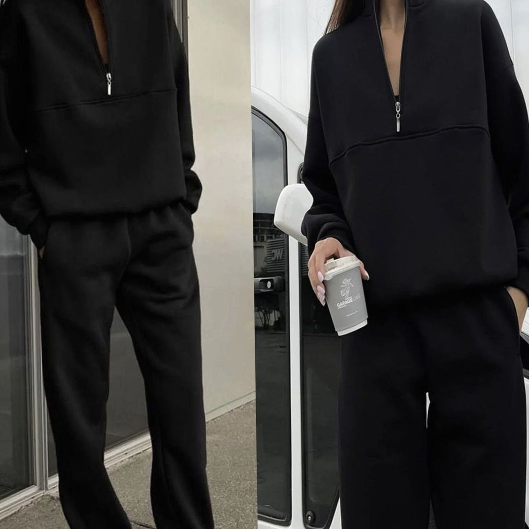Women's Oversized Quarter-Zip Fleece Sweatshirt Jogger Co-ord Set - Black