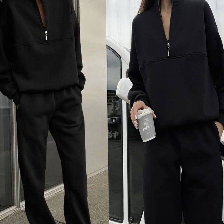 Women's Oversized Quarter-Zip Fleece Sweatshirt Jogger Co-ord Set - Black